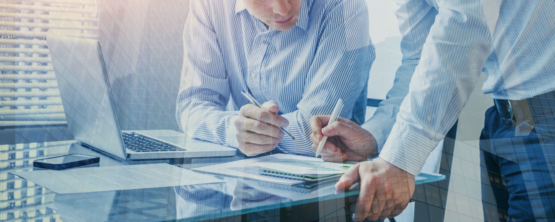 team of business people working together in the office, teamwork double exposure