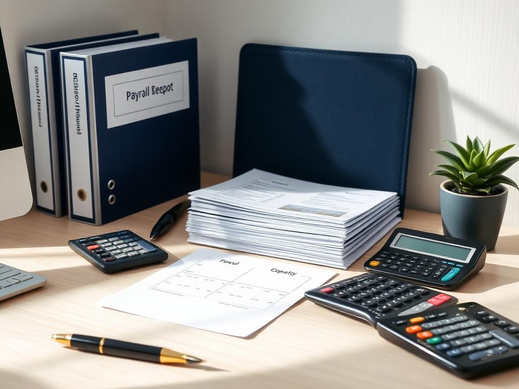 Organized bookkeeping and payroll workspace with binders, calculator, and monthly close reports at Kuuni Partners