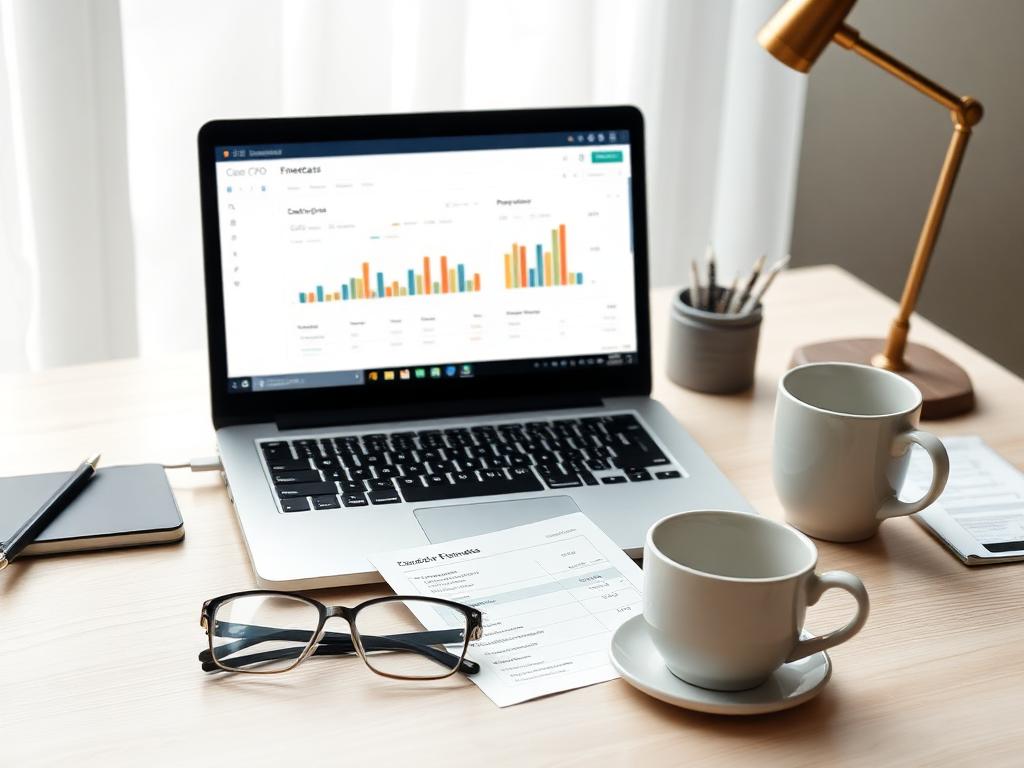Fractional CFO workspace with laptop dashboard and printed cash flow forecast used by Kuuni Partners senior advisor