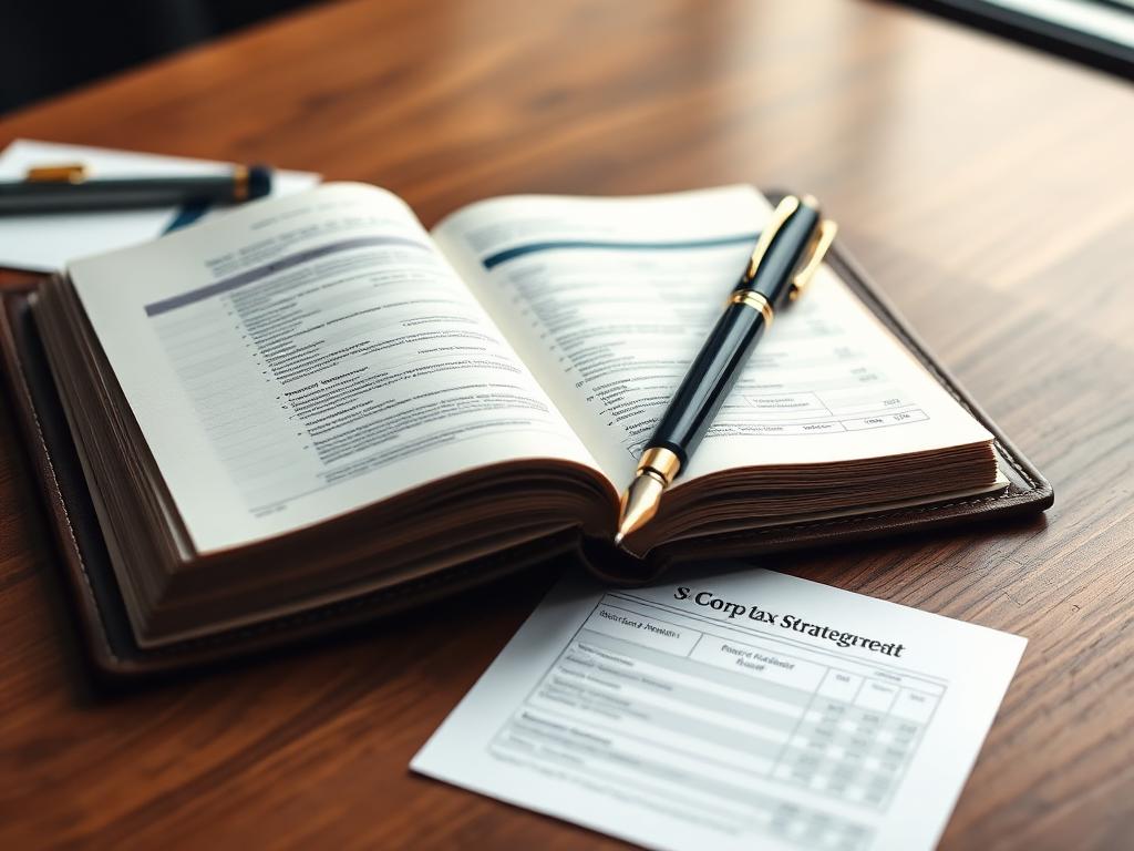 Tax strategy notebook and S-corp planning worksheet on a walnut desk representing Kuuni Partners' founding partner practice