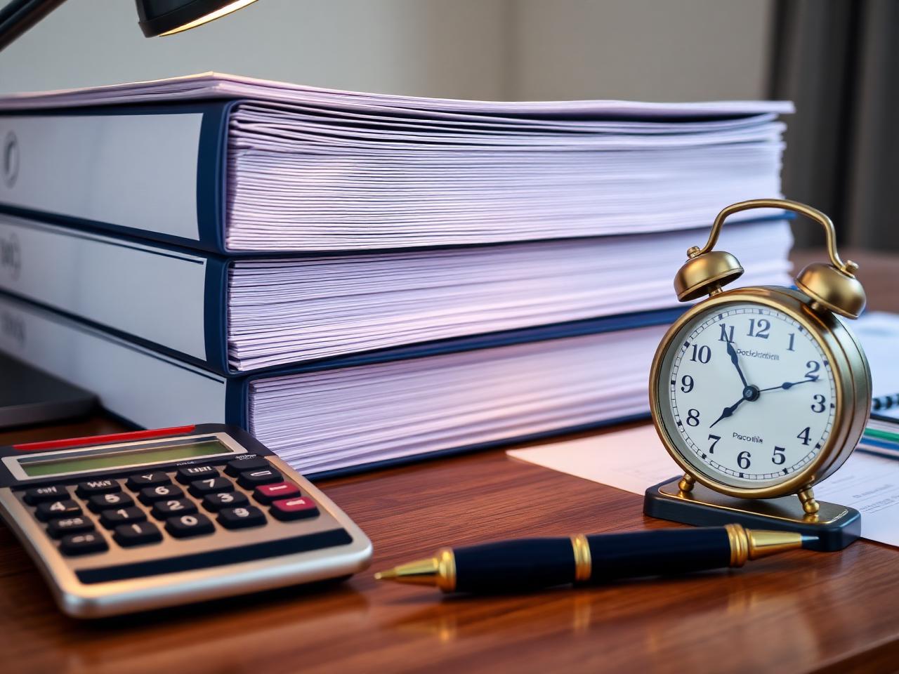 Organized monthly close workflow at Kuuni Partners with reconciliation binders, precision calculator and brass desk clock representing consistent bookkeeping and payroll operations