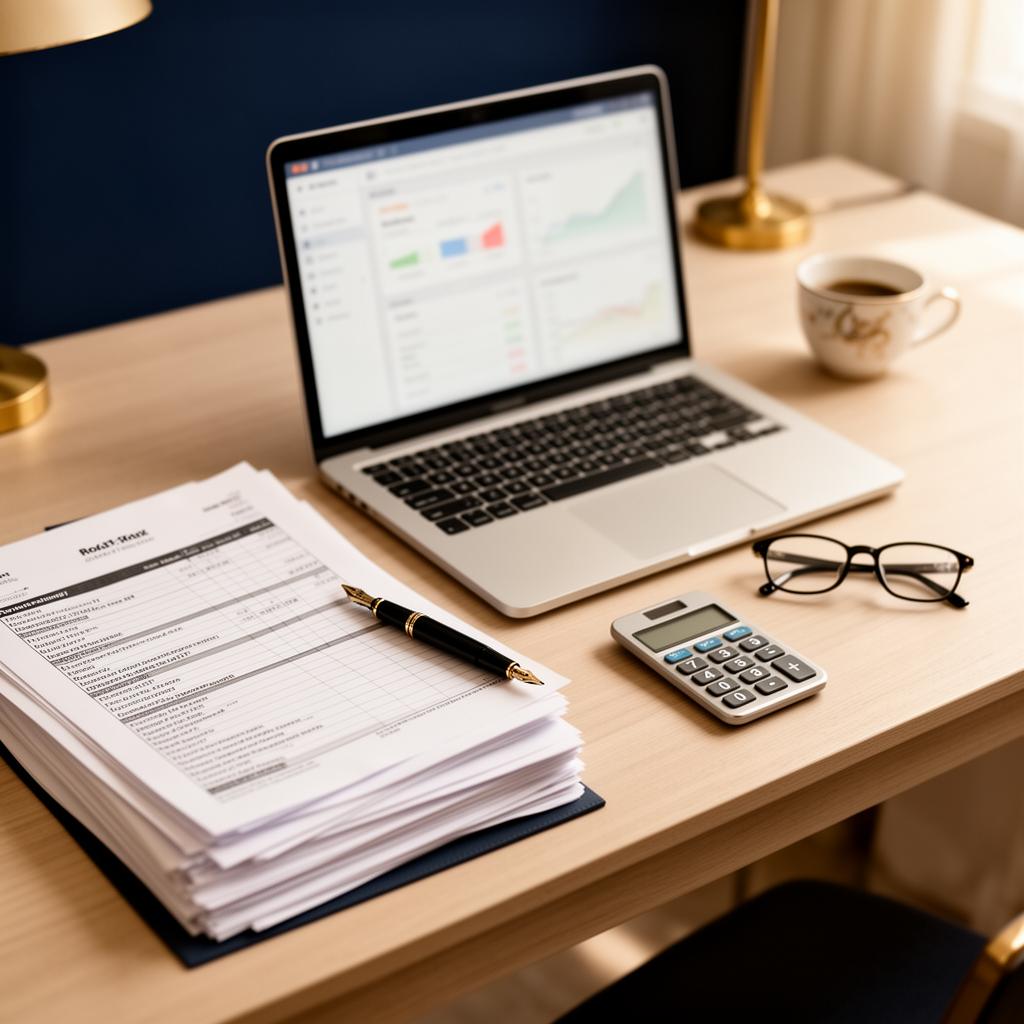 Clean monthly bookkeeping workspace with reconciled reports and a financial dashboard