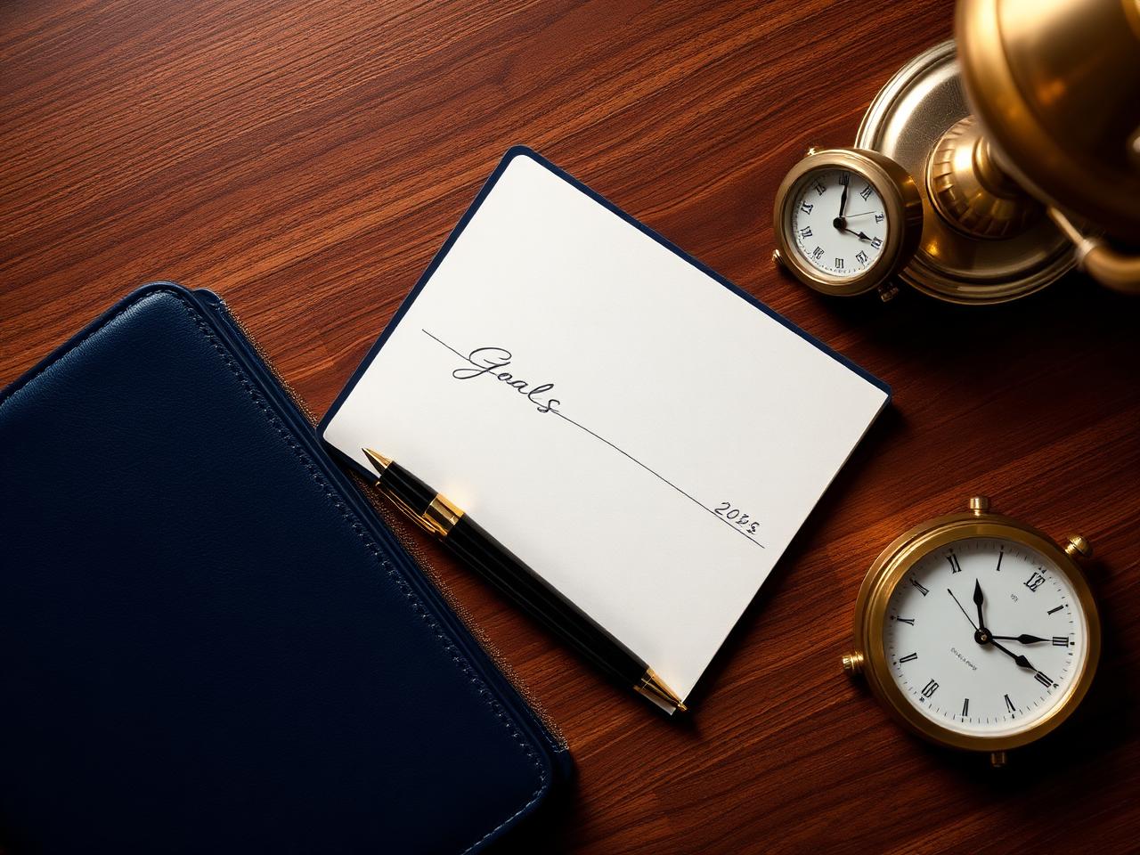 Comprehensive financial planning workspace with a navy leather portfolio, a goals notebook, and a brass desk clock at the Kuuni Partners office