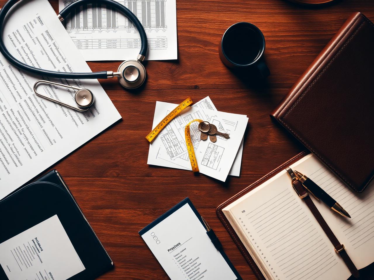 Industries served by Kuuni Partners — healthcare, builders and trades, real estate investors, and consultants — represented by a stethoscope, blueprint with tape measure, property keys, and an advisor's notebook