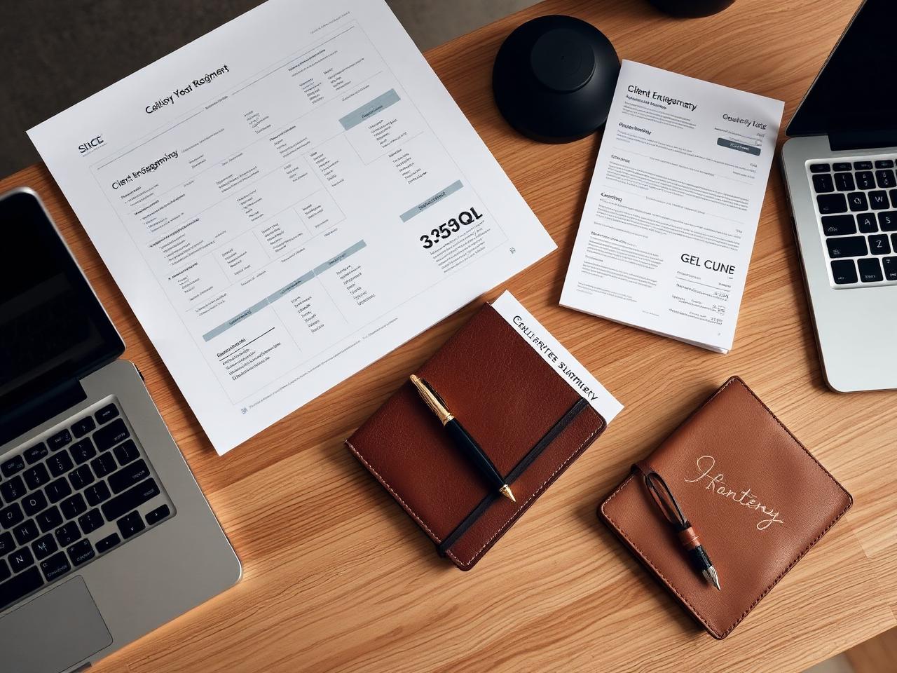 Boutique consultant's strategy desk with an engagement roadmap, quarterly invoice summary, leather notebook, and fountain pen