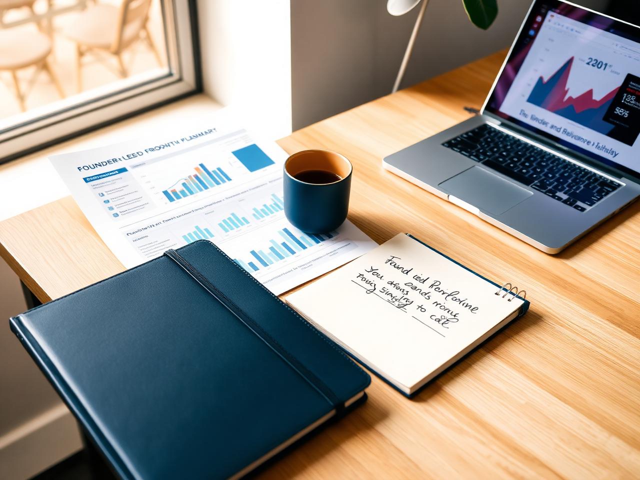 Founder-led growth planning workspace with a printed KPI summary, navy leather notebook with handwritten goals, and a laptop showing performance trends