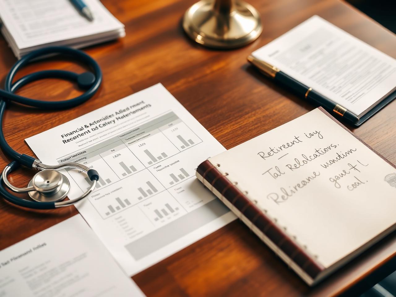 Tasteful financial planning desk for physicians and nurses with a retirement and tax summary, leather notebook with handwritten goals, and a stethoscope set quietly to the side