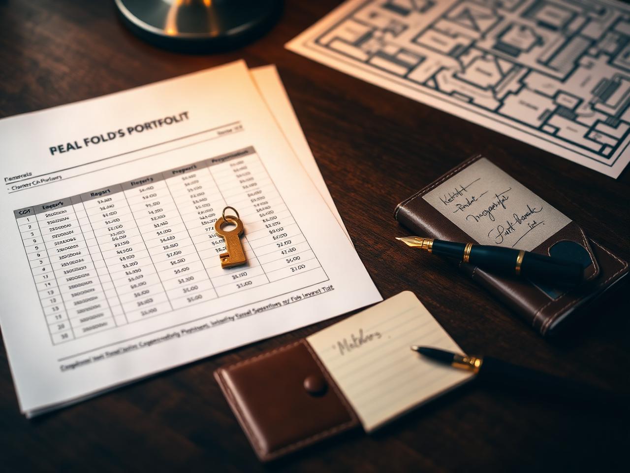 Real estate investor's portfolio planning desk with a rental property cash-flow report, brass property key, leather notebook, and a faint architectural floor plan