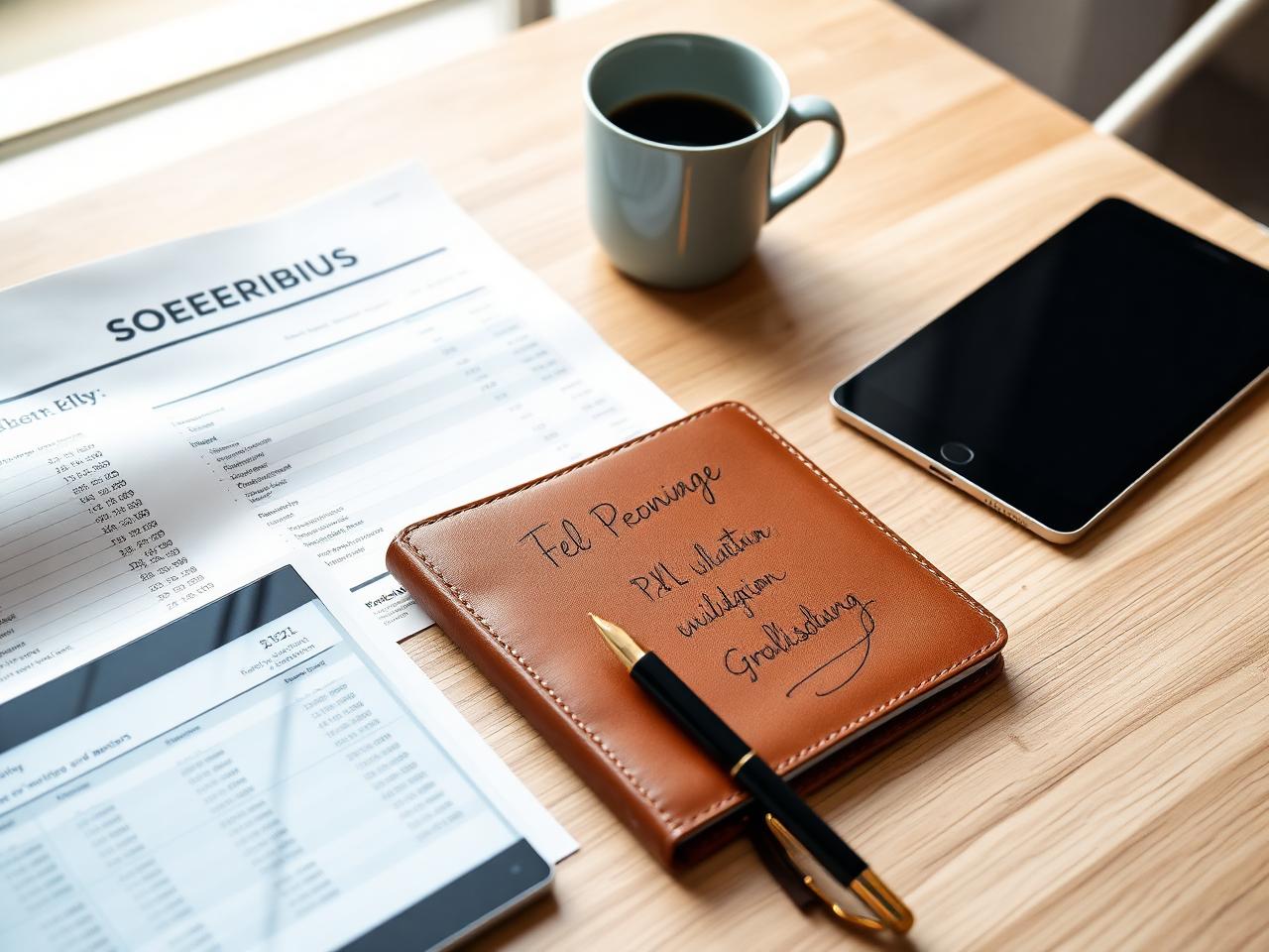 Service-business operations desk with a printed P&L and job profitability report, leather notebook with KPIs, fountain pen, and a tablet