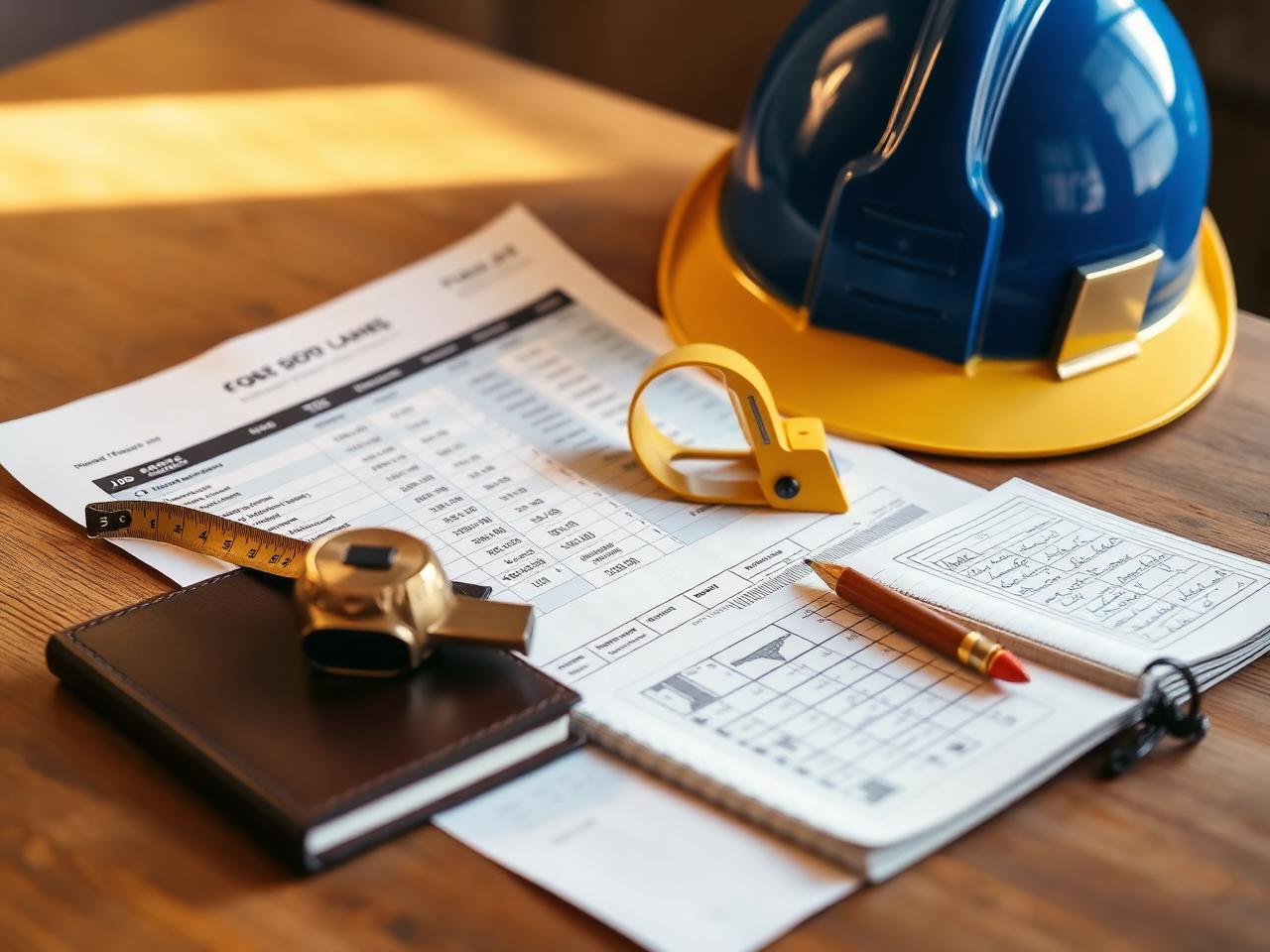 Construction and trades business finance desk with a job-cost report, architectural blueprint, builder's tape measure, leather notebook, and a hard hat in the soft background
