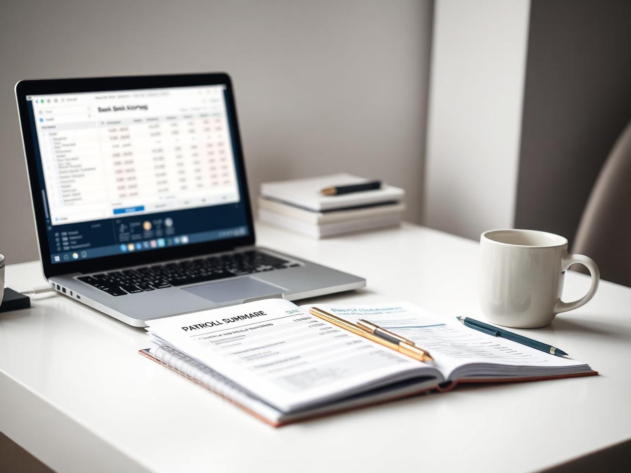 Clean monthly bookkeeping workspace with a laptop showing a reconciliation view, an open payroll summary report, and a notebook at Kuuni Partners