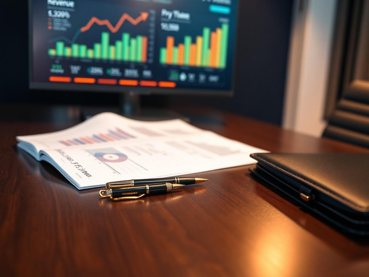 Executive KPI dashboard on a monitor with a printed cash-flow forecast and leather portfolio on a Kuuni Partners fractional CFO advisory desk