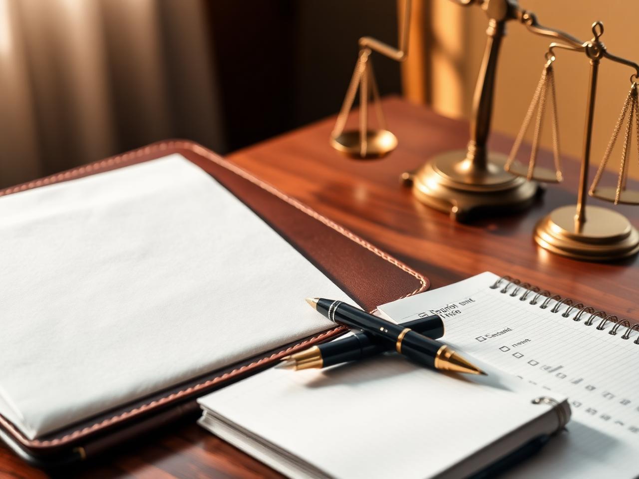 Calm professional desk with a leather portfolio, response checklist, and brass scale of justice — representing IRS representation and tax resolution by Kuuni Partners Enrolled Agents