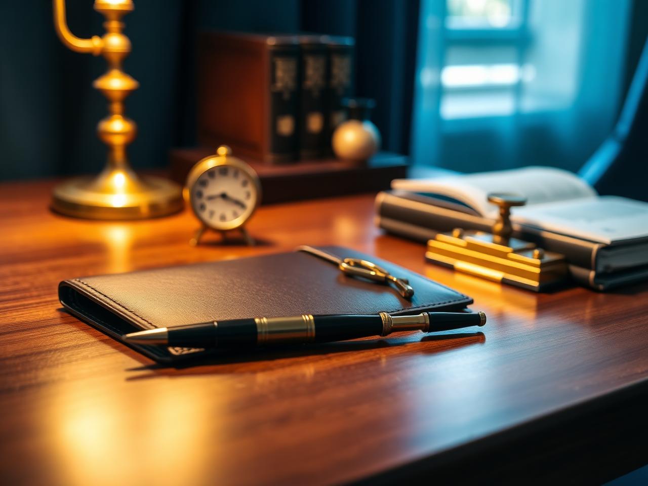 Refined Kuuni Partners advisor's desk with leather portfolio, fountain pen and brass desk clock representing the year-round tax planning process