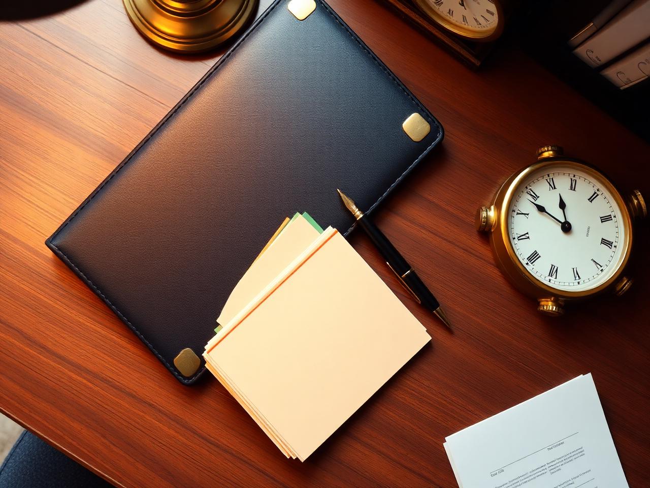 Organized client-ready tax return preparation desk at Kuuni Partners with leather portfolio, color-tabbed file dividers and fountain pen